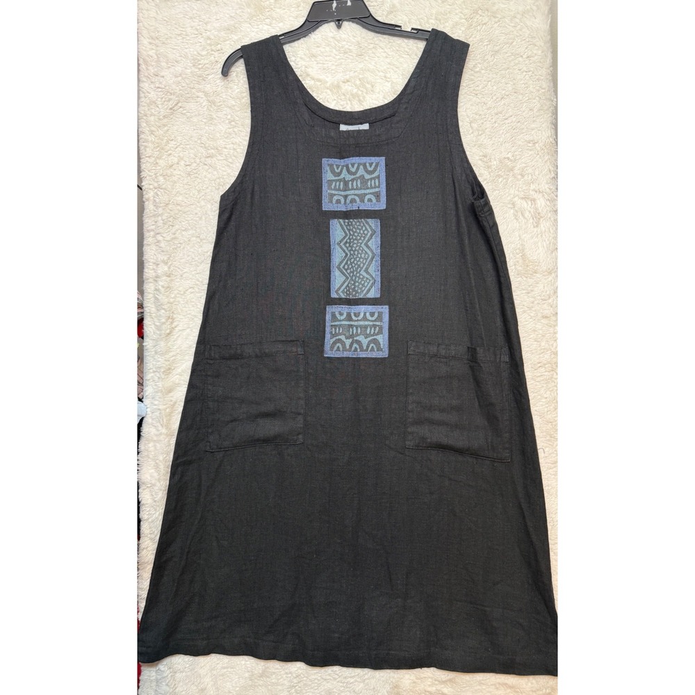 Vintage Mishi Linen Pinafore Dress Womens Medium Black Geometric Graphic Pockets